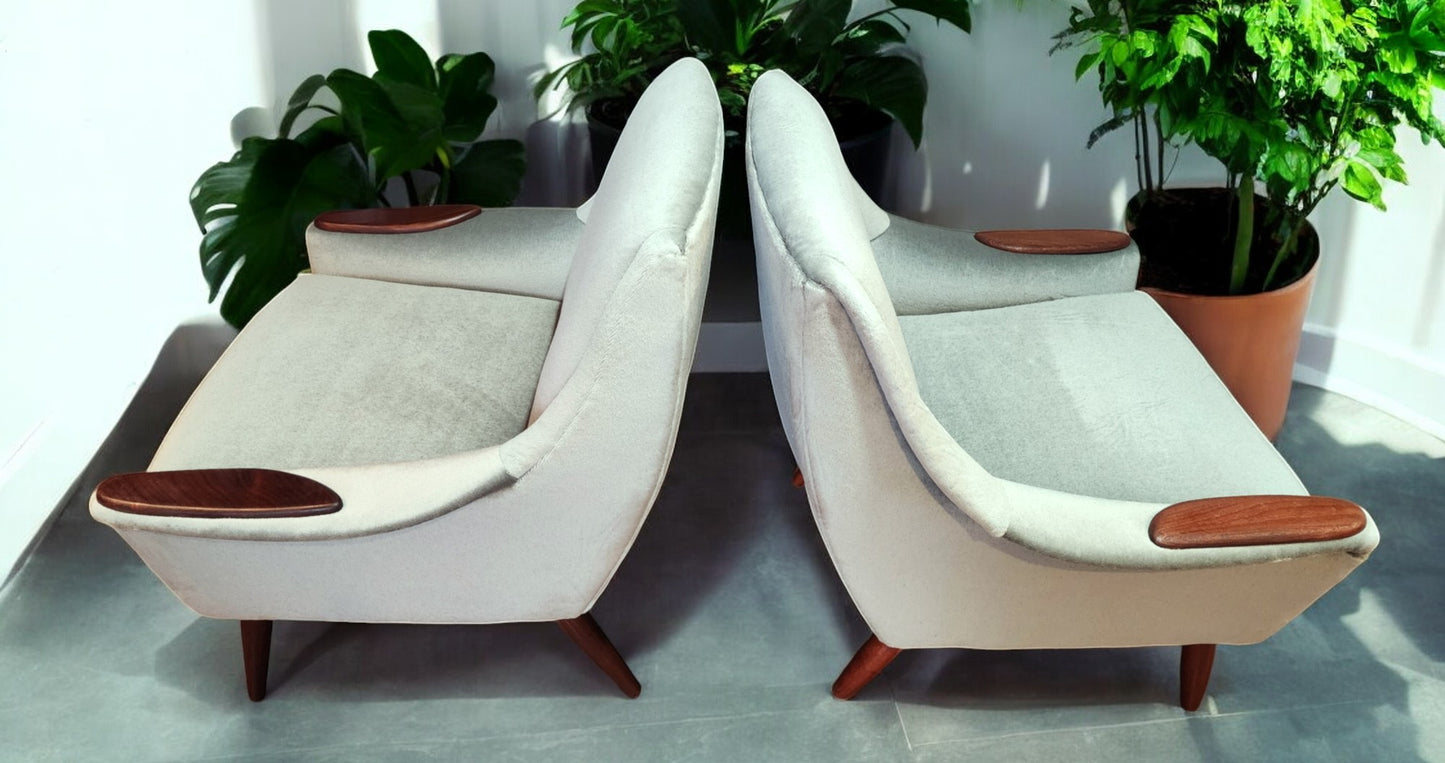 2 REFINISHED REUPHOLSTERED in Wool Mohair Teak Mid Century Modern Lounge Chairs