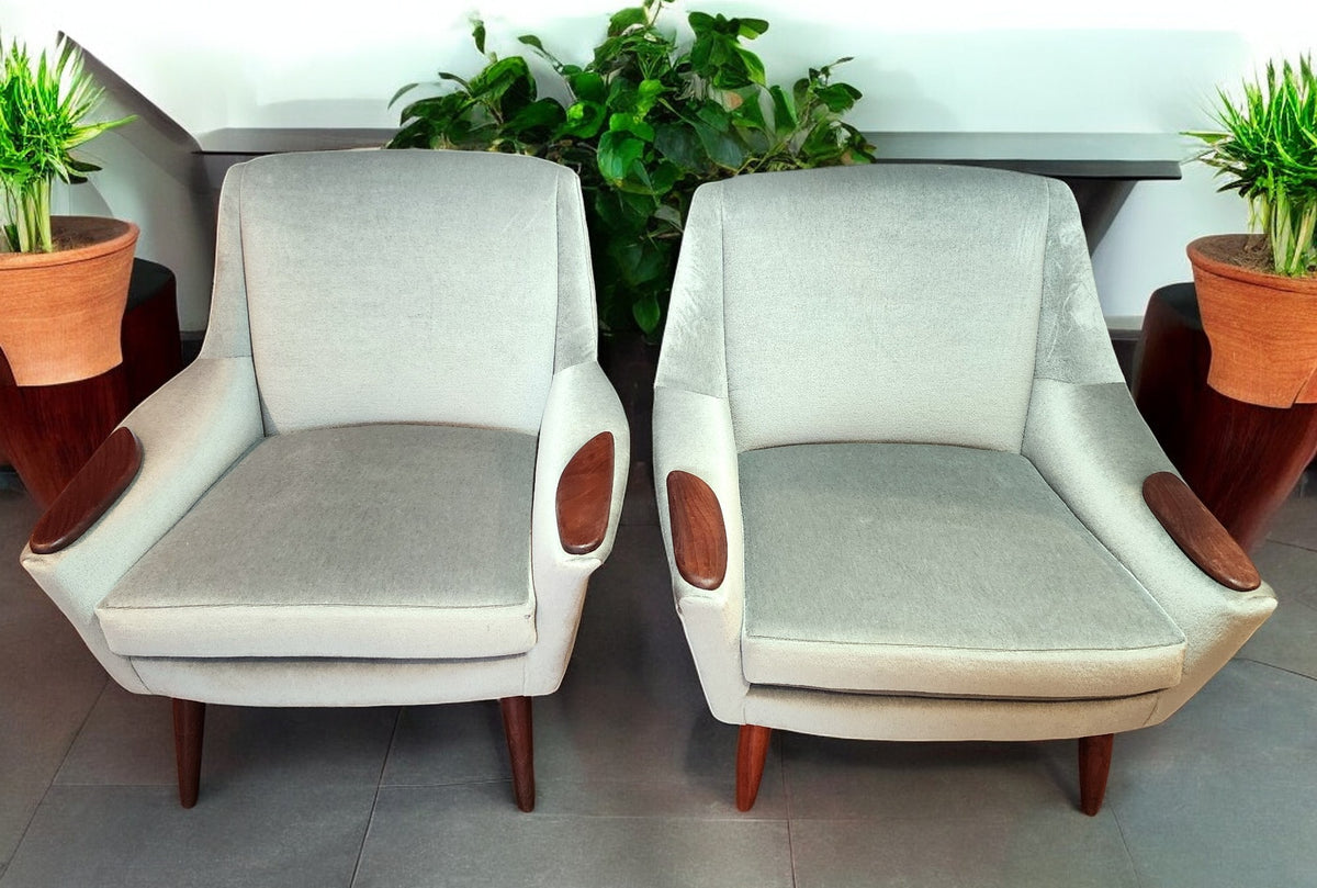 2 REFINISHED REUPHOLSTERED in Wool Mohair Teak Mid Century Modern Lounge Chairs