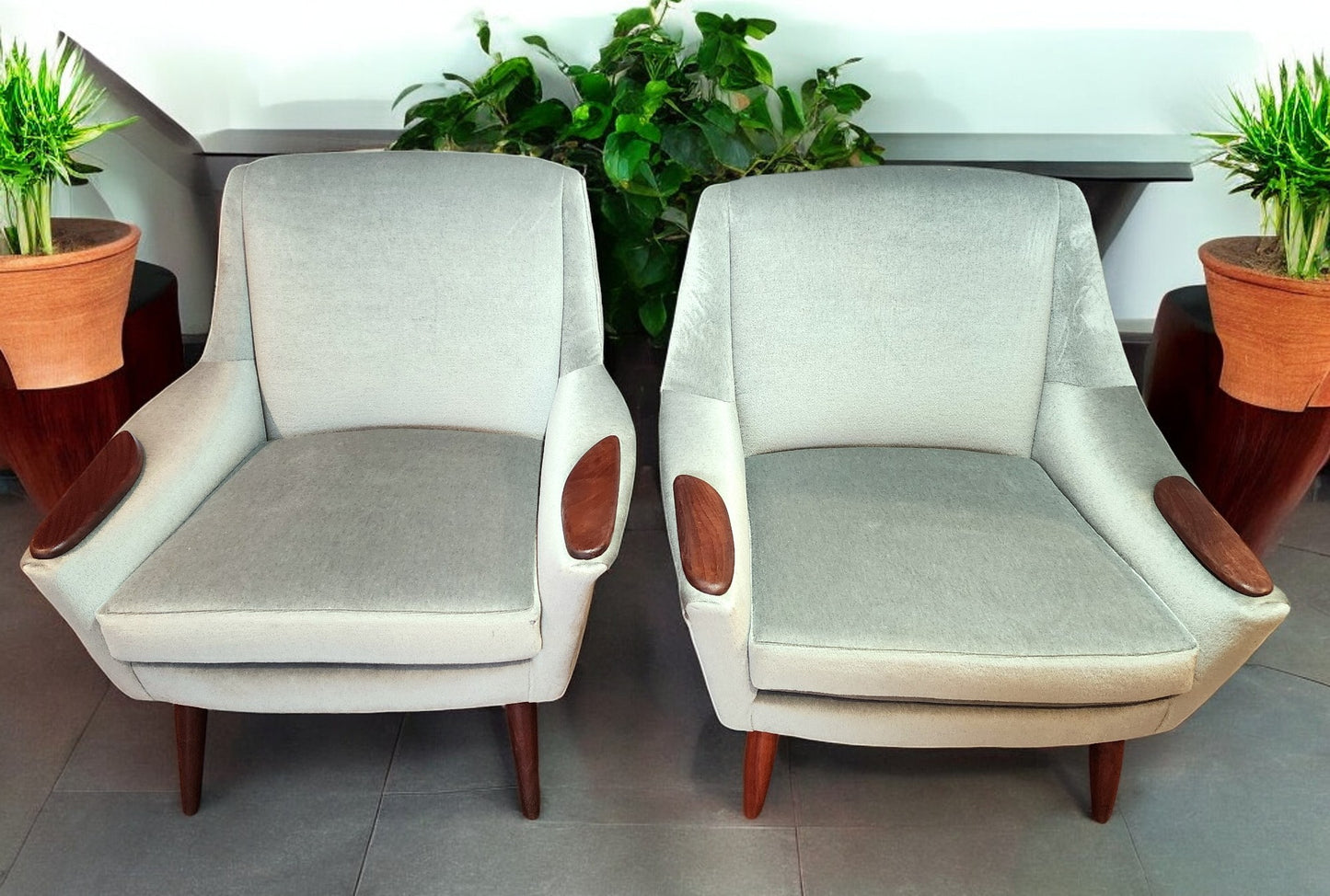 2 REFINISHED REUPHOLSTERED in Wool Mohair Teak Mid Century Modern Lounge Chairs