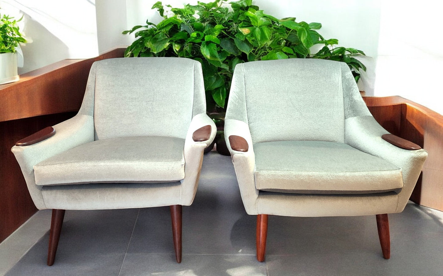 2 REFINISHED REUPHOLSTERED in Wool Mohair Teak Mid Century Modern Lounge Chairs