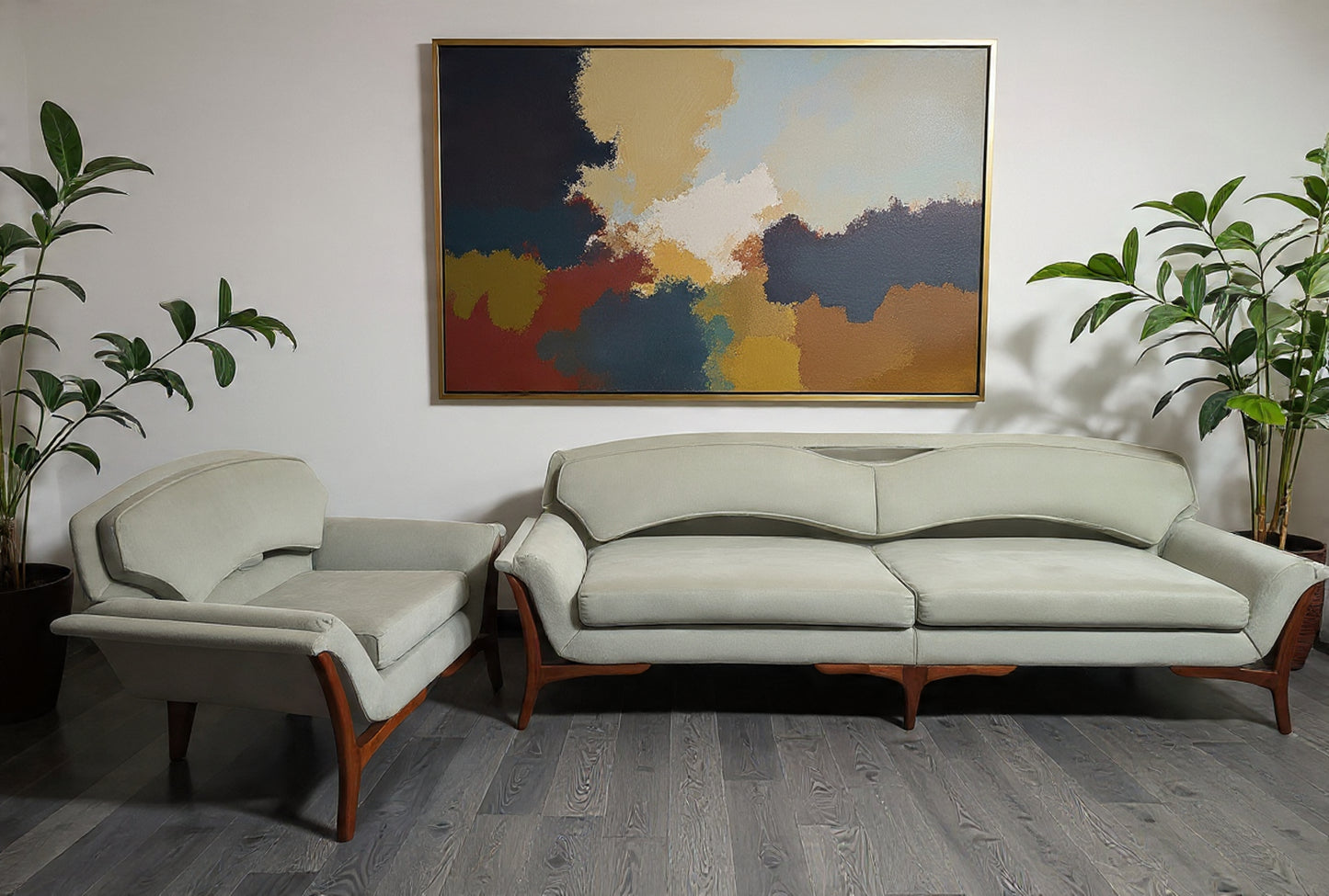 REFINISHED REUPHOLSTERED Mid Century Modern Sofa & Armchair