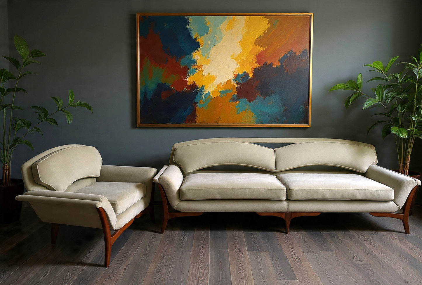 REFINISHED REUPHOLSTERED Mid Century Modern Sofa & Armchair
