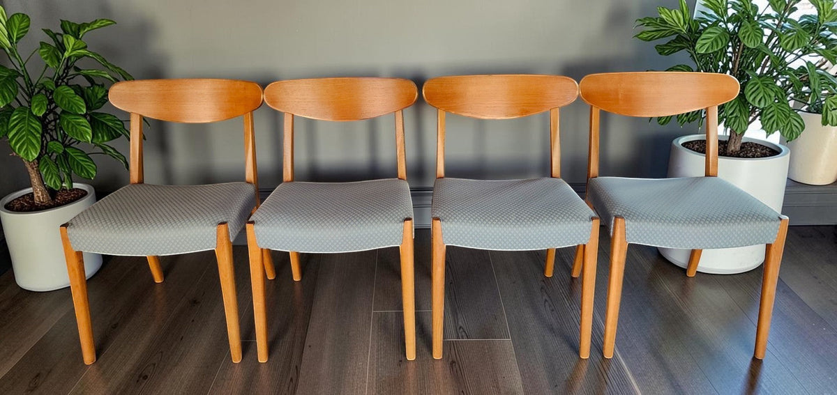 Mid Century Modern Toronto set of four Danish teak and oak dining chairs with grey upholstered seats