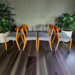 Mid Century Modern Toronto set of four Danish oak and teak dining chairs with light grey upholstered seats 11