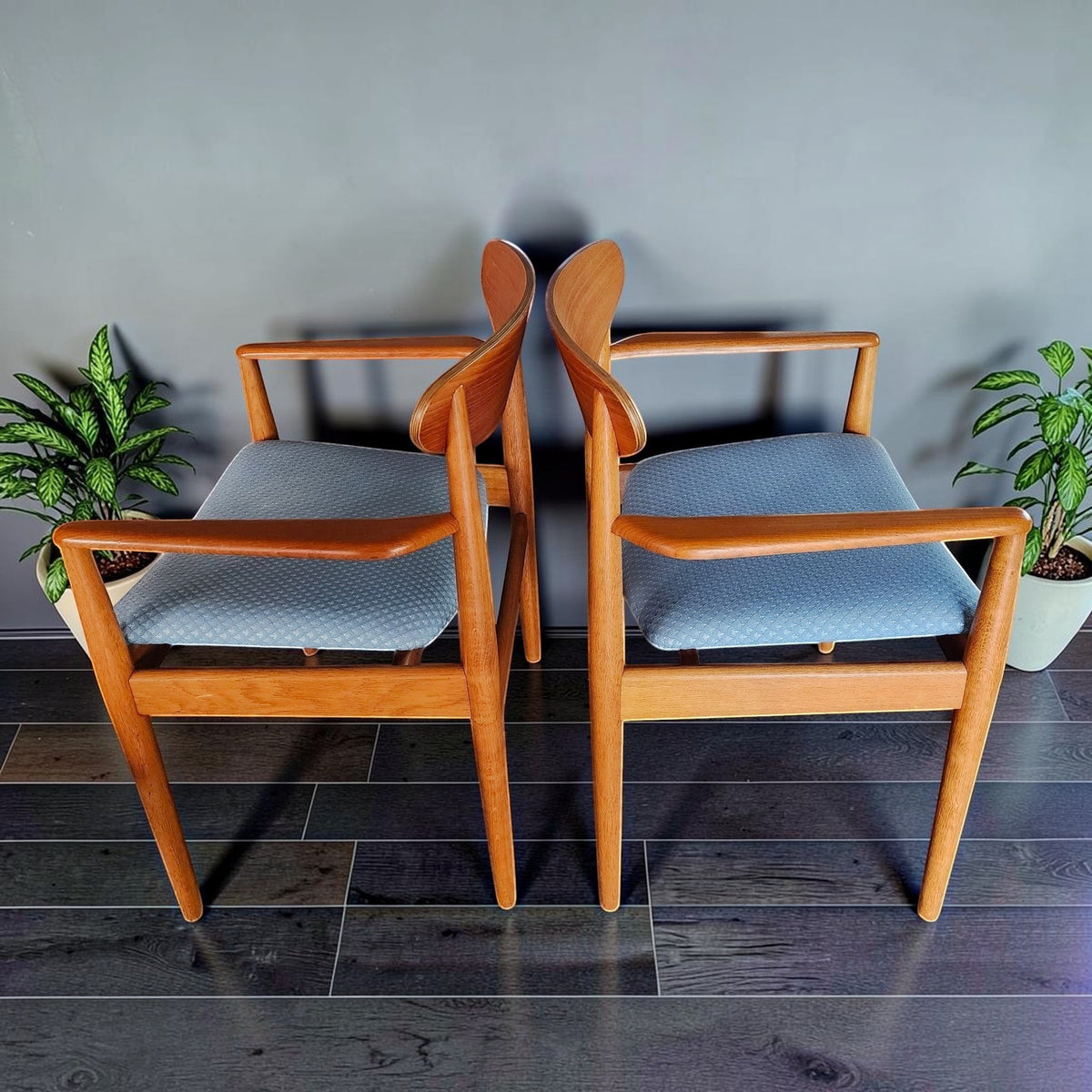 Mid Century Modern Toronto Danish teak and oak armchairs with blue upholstered seats in a mid-century style
