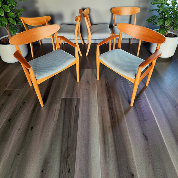 Mid Century Modern Toronto set of six Danish teak and oak dining chairs with light grey upholstered seats
