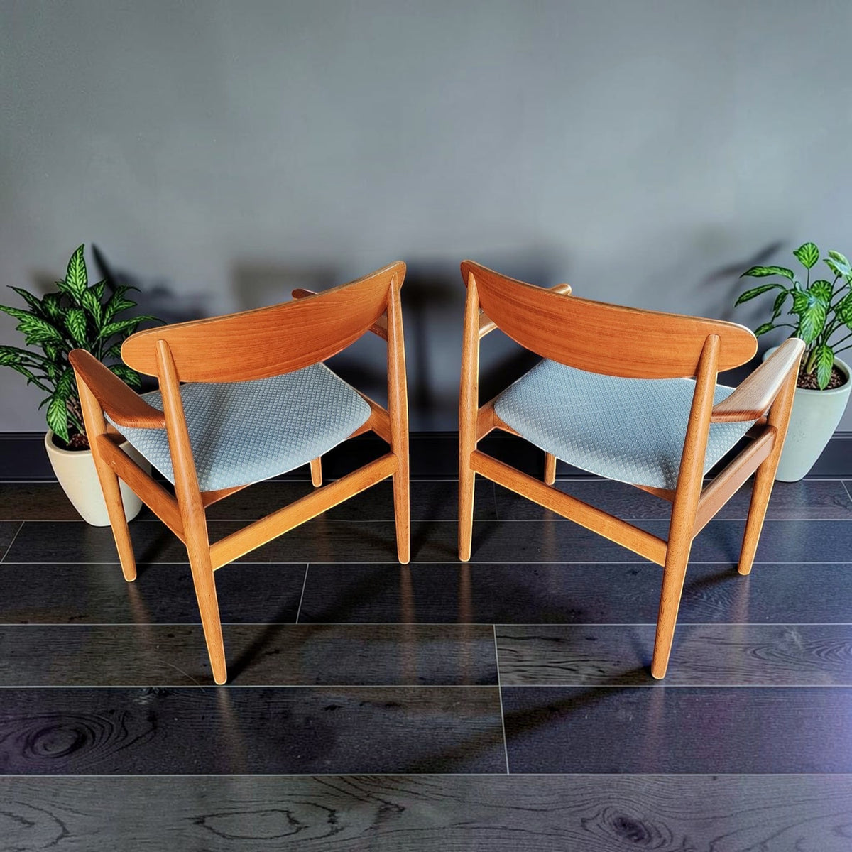 Mid Century Modern Toronto Danish teak and oak dining chairs with light blue upholstery and curved backrests