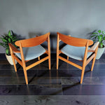 Mid Century Modern Toronto Danish teak and oak dining chairs with light blue upholstery and curved backrests 12