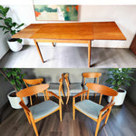 Mid Century Modern Toronto Danish teak and oak dining table with extendable leaves and six matching upholstered chairs. 1