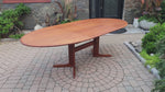 REFINISHED MCM Teak Table Elliptical w 2 Leaves Selfstoring w Trestle Legs 63