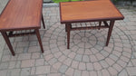 2 REFINISHED Mid Century Modern Teak Accent Tables w Cane Shelves 13