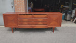 REFINISHED Mid Century Modern Teak Buffet w Geometrical Inlays & Lighting, 94