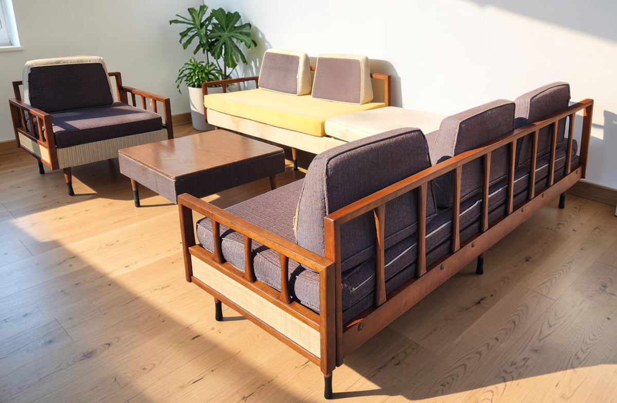 REFINISHED MCM Kroehler Sectional Sofa w Armchair & Games Table, incl. New Cushions