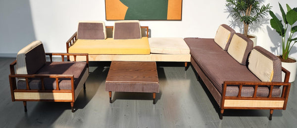 REFINISHED MCM Kroehler Sectional Sofa w Armchair & Games Table, incl. New Cushions