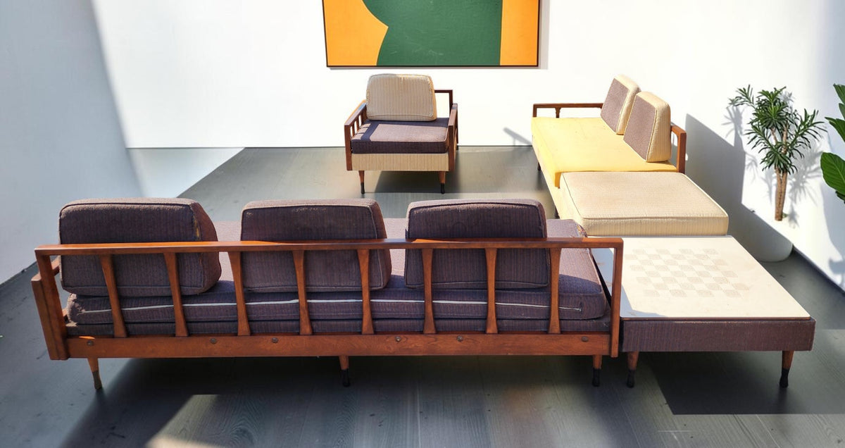 REFINISHED MCM Kroehler Sectional Sofa w Armchair & Games Table, incl. New Cushions