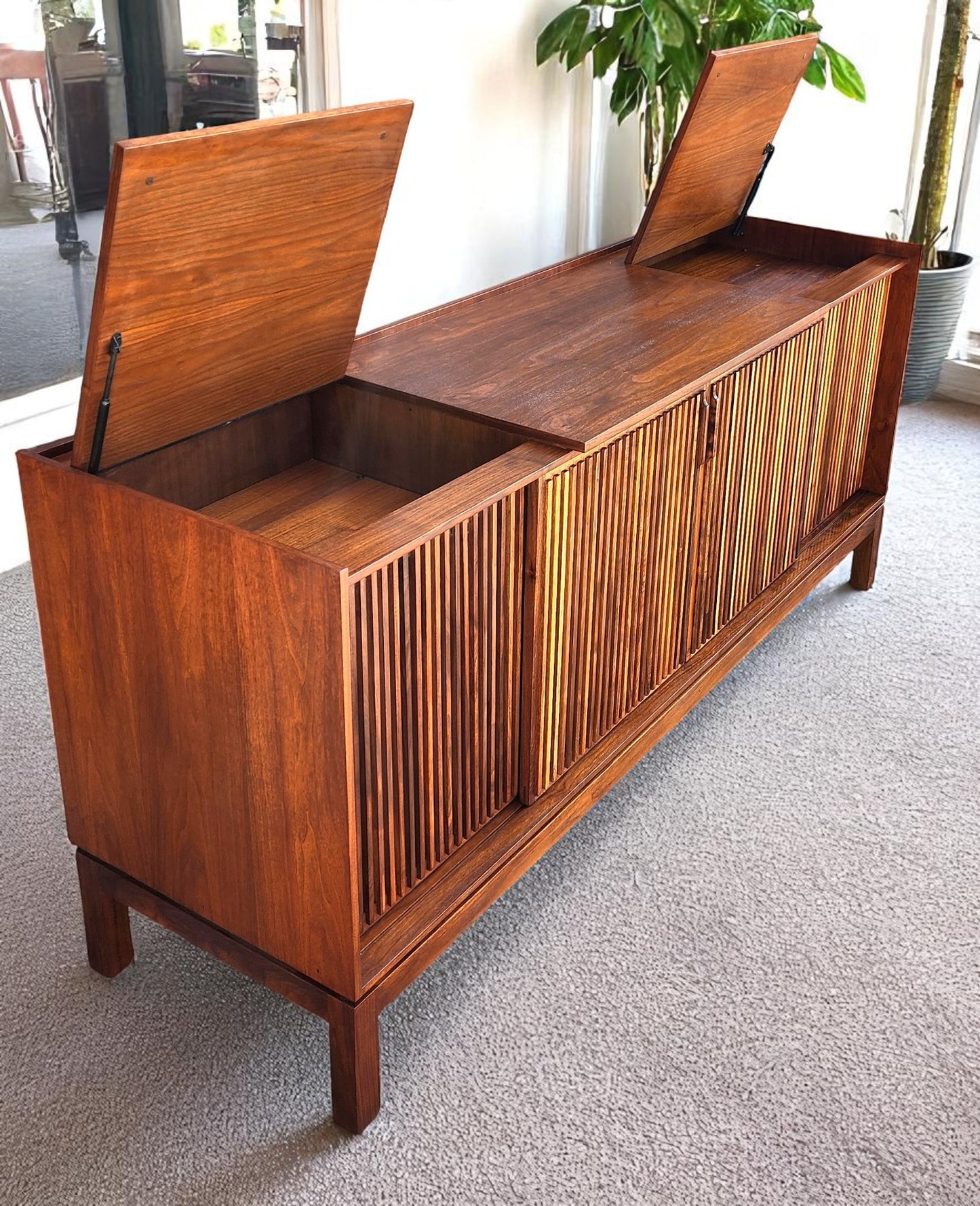 REFINISHED Mid Century Modern Walnut Stereo Console w Finished Back