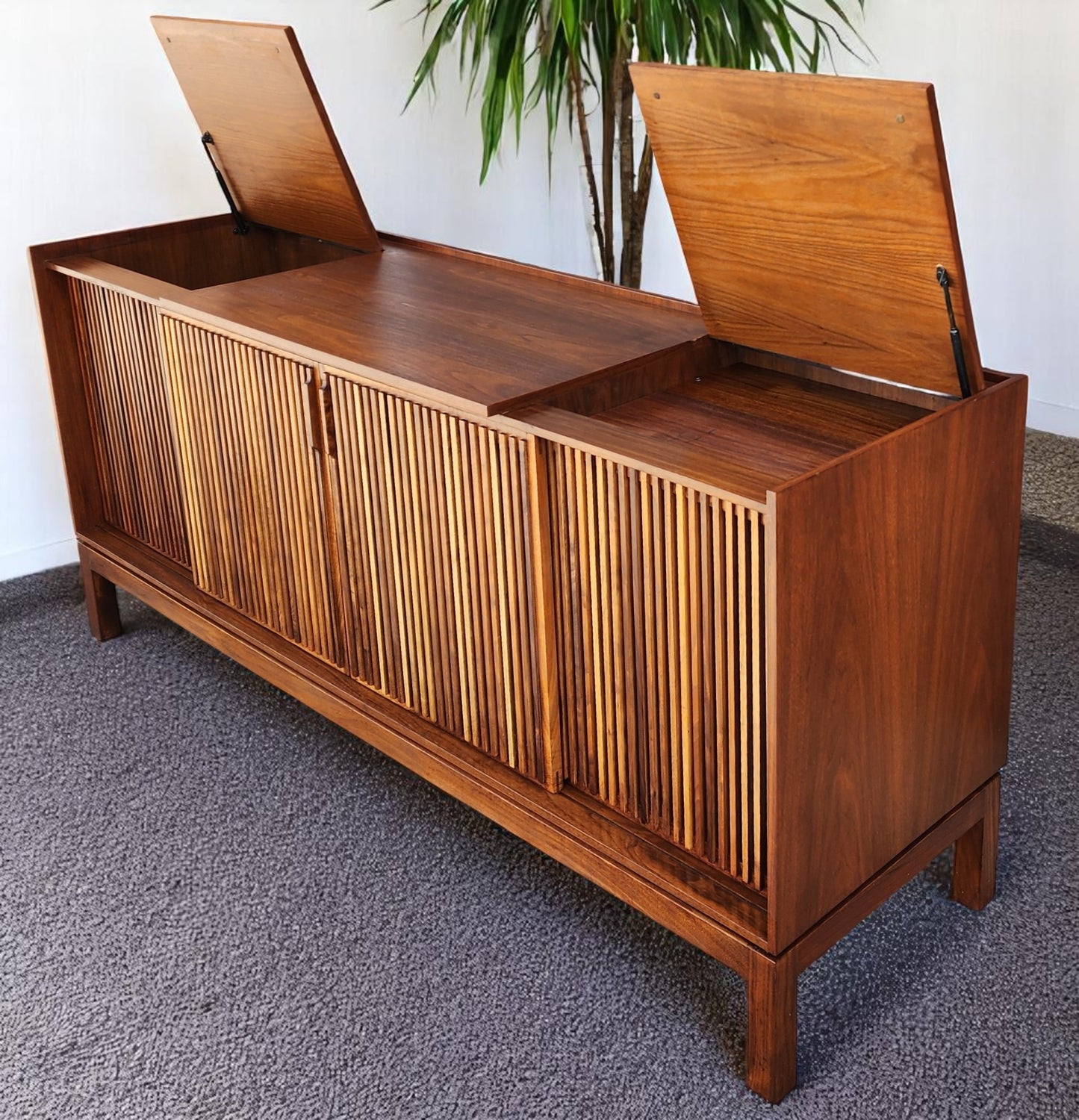 REFINISHED Mid Century Modern Walnut Stereo Console w Finished Back