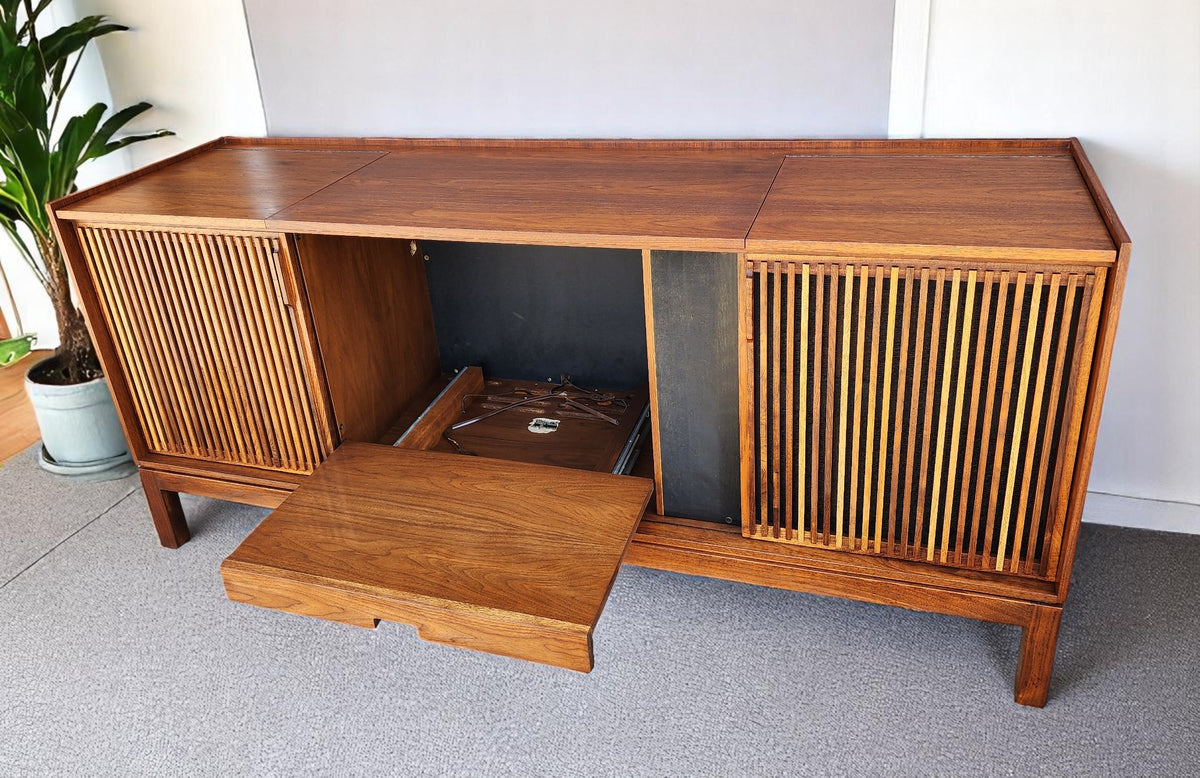 REFINISHED Mid Century Modern Walnut Stereo Console w Finished Back