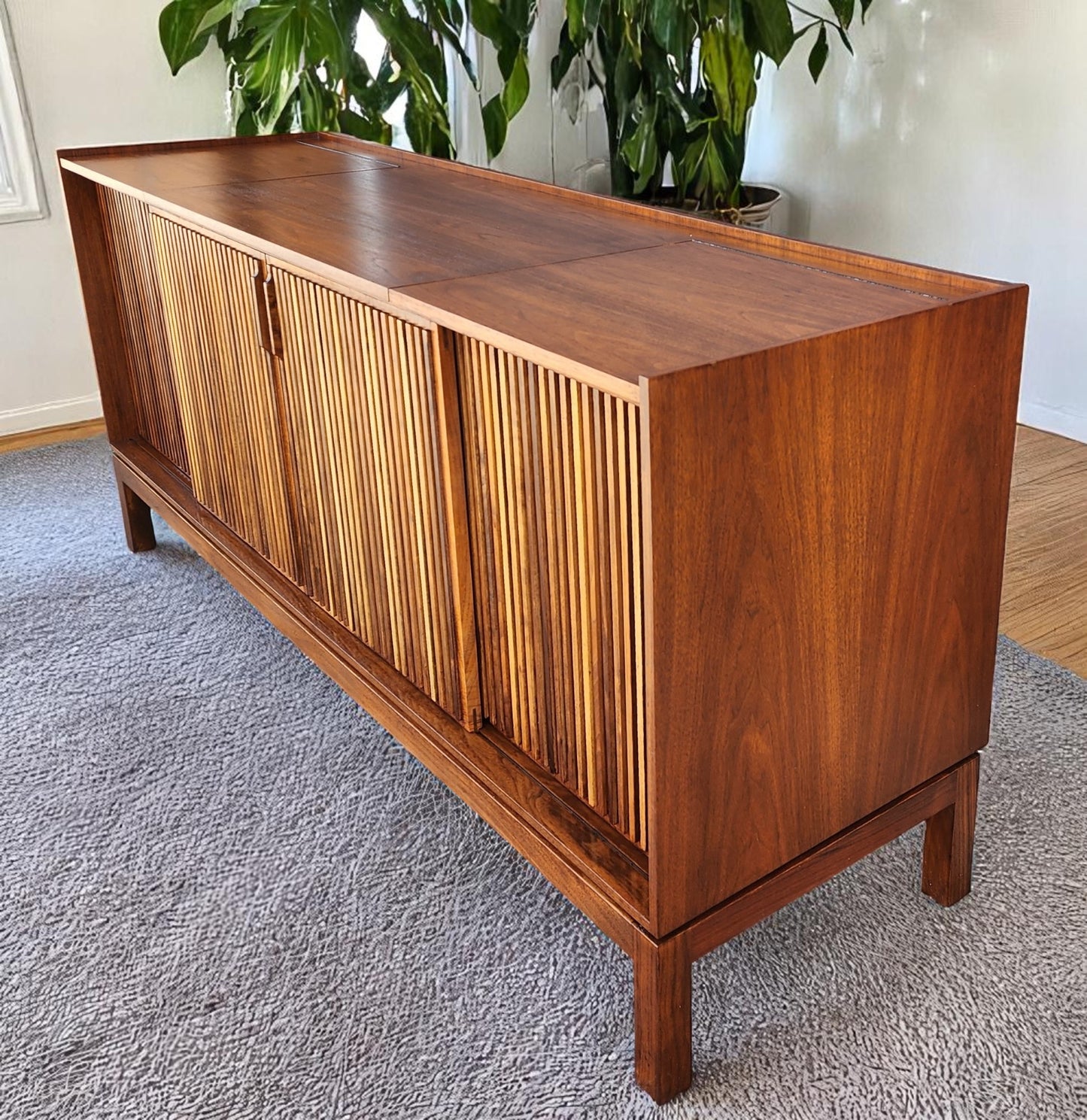 REFINISHED Mid Century Modern Walnut Stereo Console w Finished Back