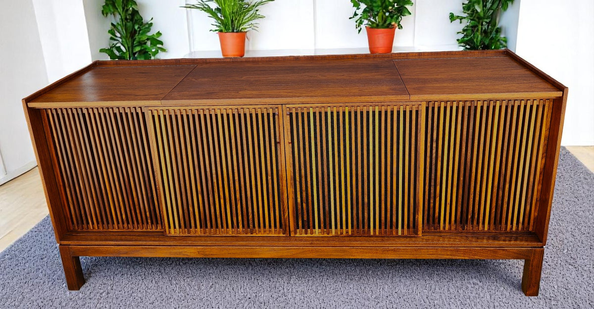 REFINISHED Mid Century Modern Walnut Stereo Console w Finished Back