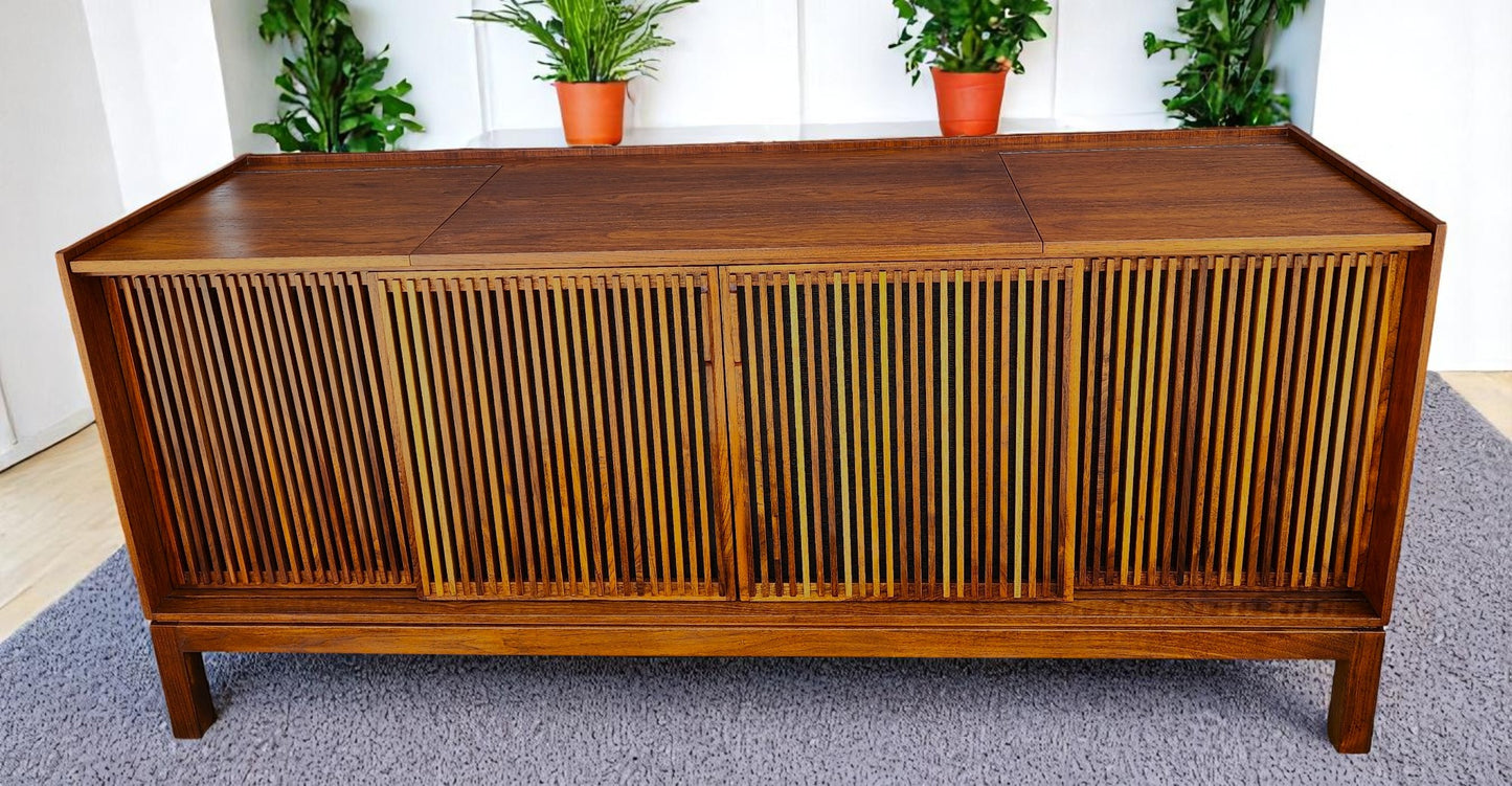 REFINISHED Mid Century Modern Walnut Stereo Console w Finished Back