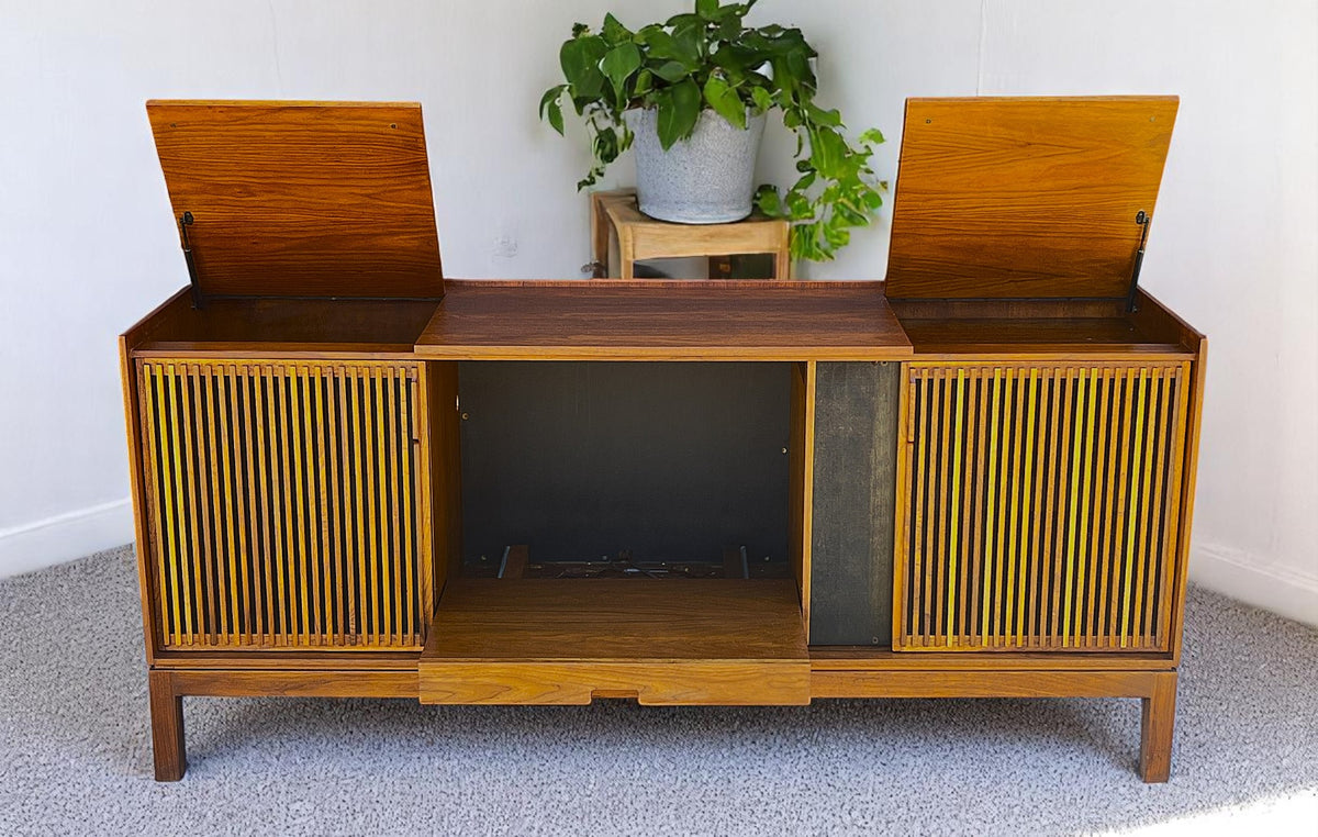 REFINISHED Mid Century Modern Walnut Stereo Console w Finished Back