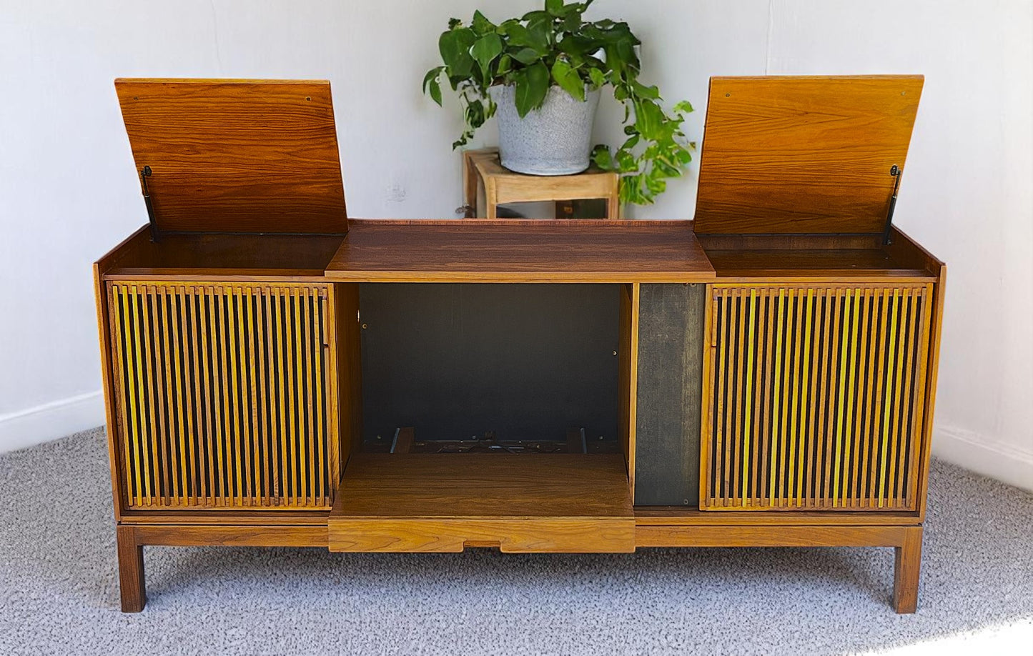 REFINISHED Mid Century Modern Walnut Stereo Console w Finished Back