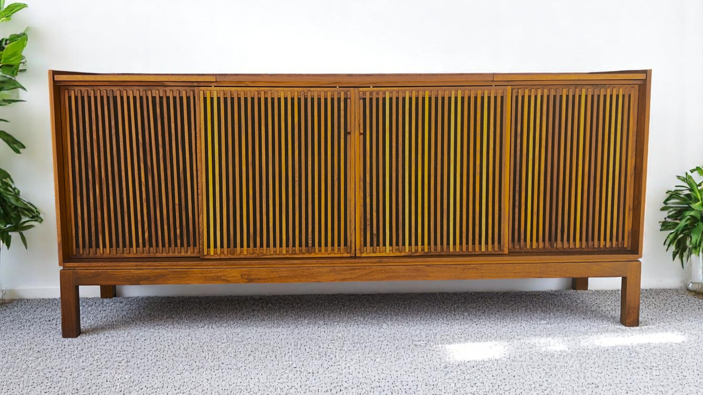 REFINISHED Mid Century Modern Walnut Stereo Console w Finished Back