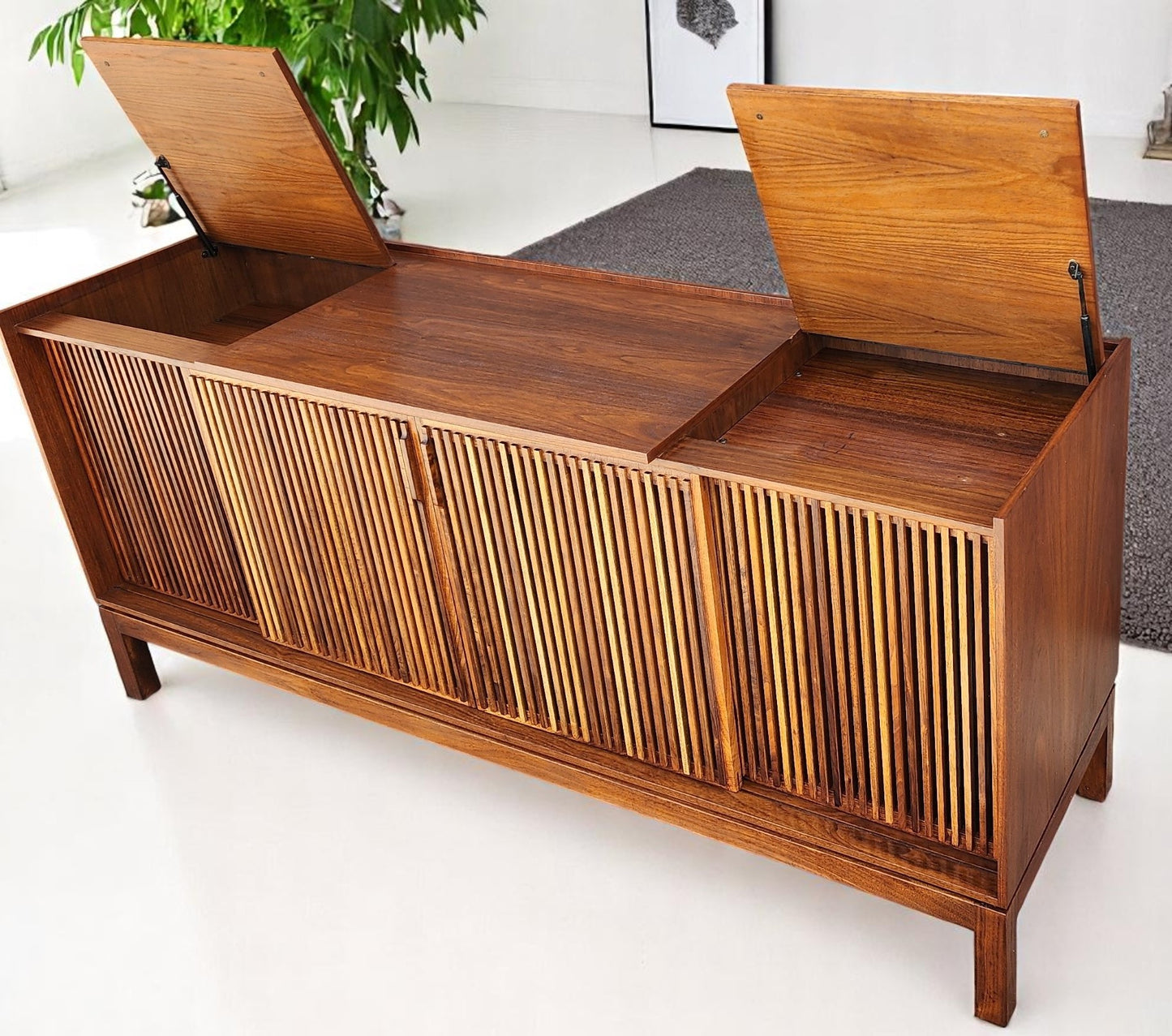 REFINISHED Mid Century Modern Walnut Stereo Console w Finished Back
