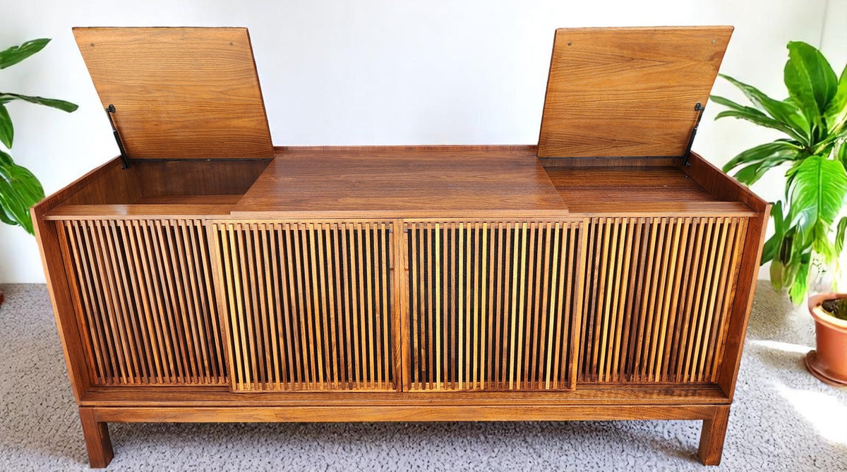 REFINISHED Mid Century Modern Walnut Stereo Console w Finished Back