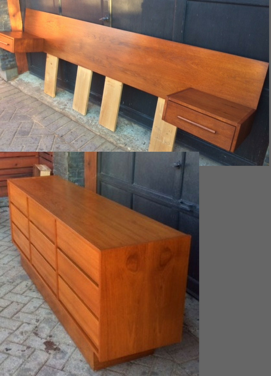 REFINISHED MCM Teak Queen Headboard w floating cabinets  AND 9 drawers Dresser 72" - Mid Century Modern Toronto