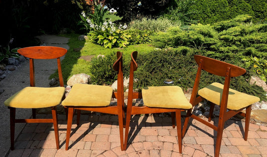 4 MCM Teak Chairs REFINISHED REUPHOLSTERED mustard velvet, each $149 - Mid Century Modern Toronto