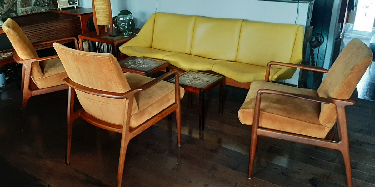 REFINISHED MCM Walnut armchair w mustard upholstery, set of 3