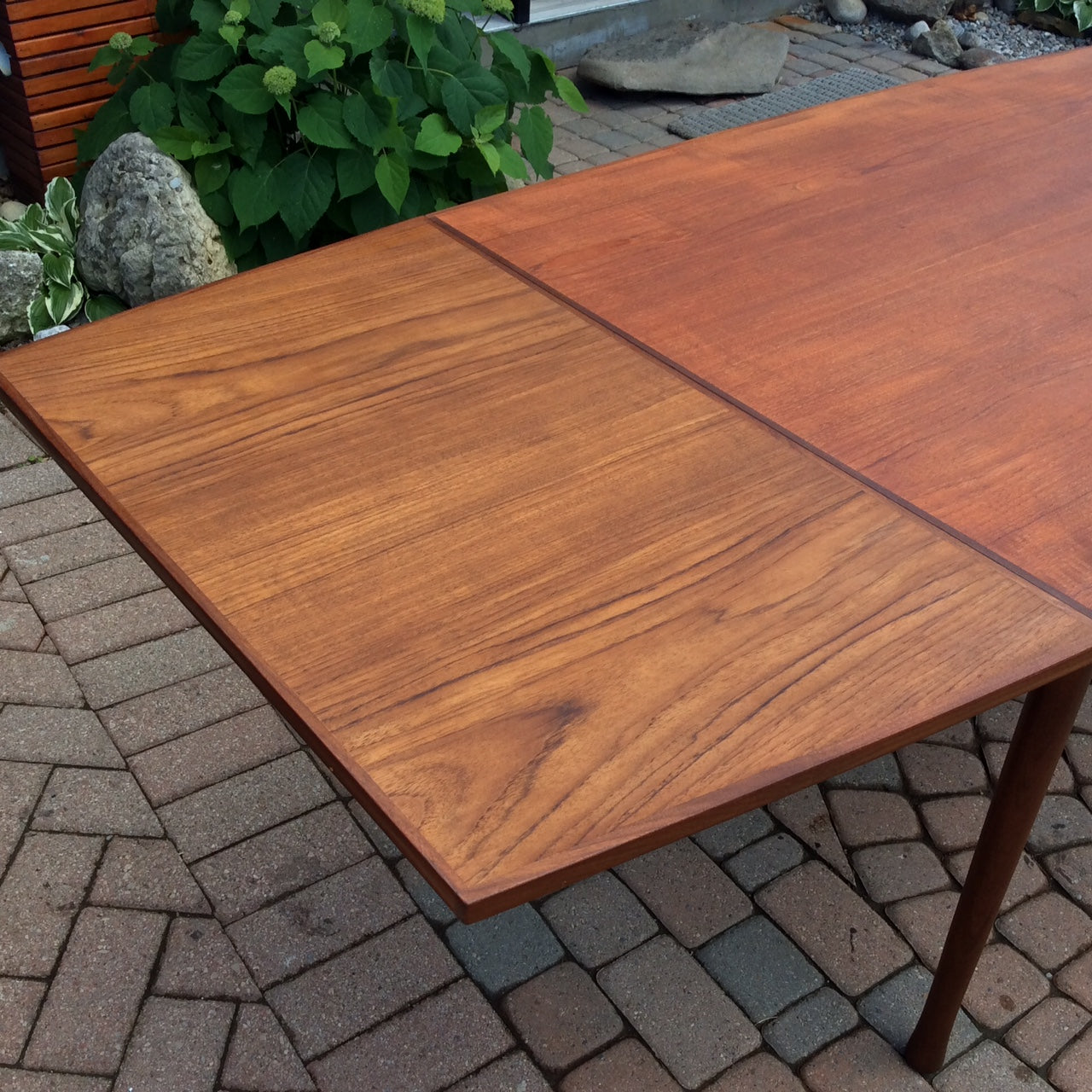 Mid Century Modern Teak Dining Table Extendable with 2 Leaves / Draw Leaf  or Pocket Leaf -REFINISHED, Surfboard shape - Mid Century Modern Toronto