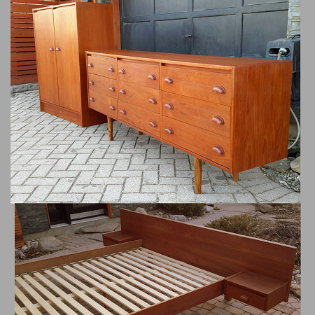 REFINISHED MCM Teak Dresser, Wardrobe, Queen Bed with floating Night Stands - Mid Century Modern Toronto