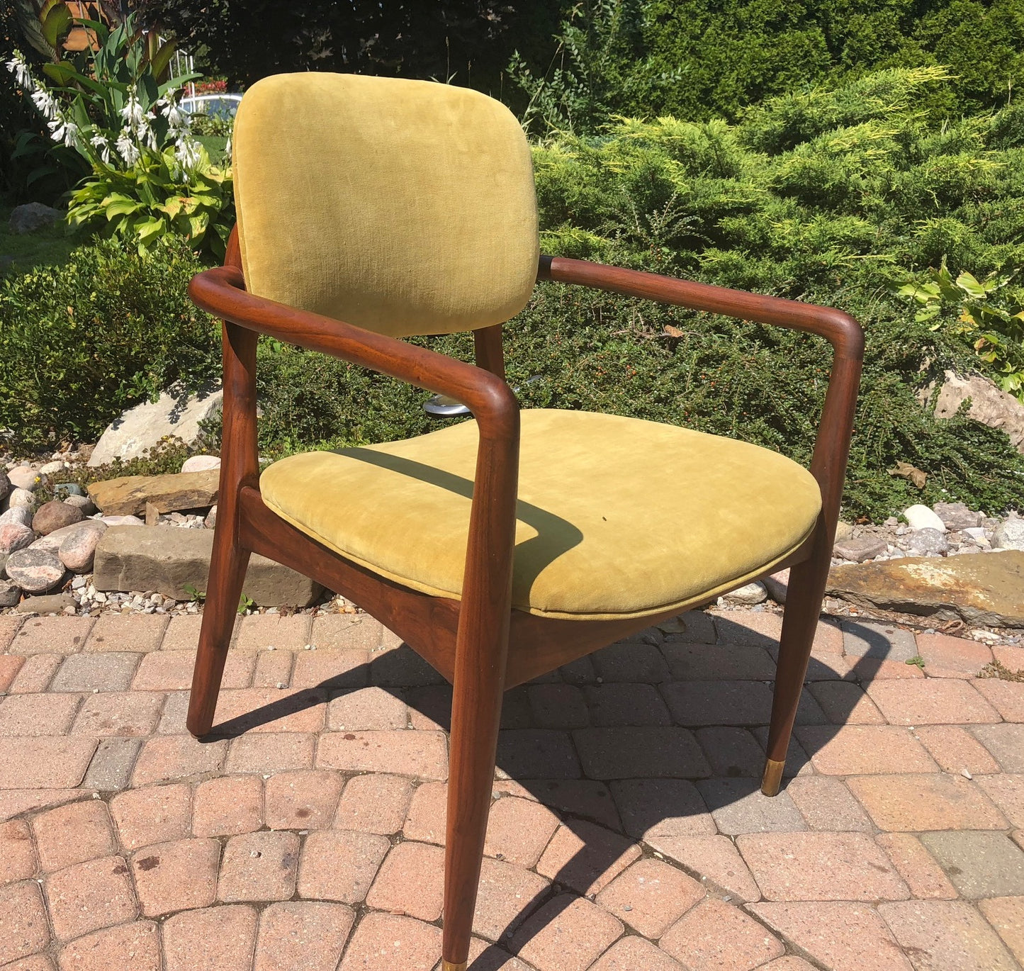 REFINISHED REUPHOLSTERED American MCM Walnut Armchair in Mustard Velvet GORGEOUS - Mid Century Modern Toronto