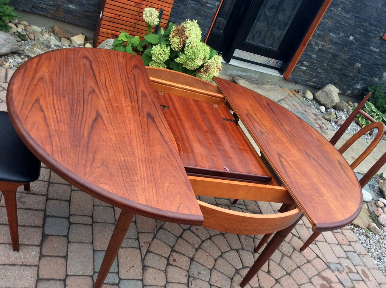 REFINISHED MCM Teak Dining Table Round to Oval Self Storing made by G PLAN in England - Mid Century Modern Toronto