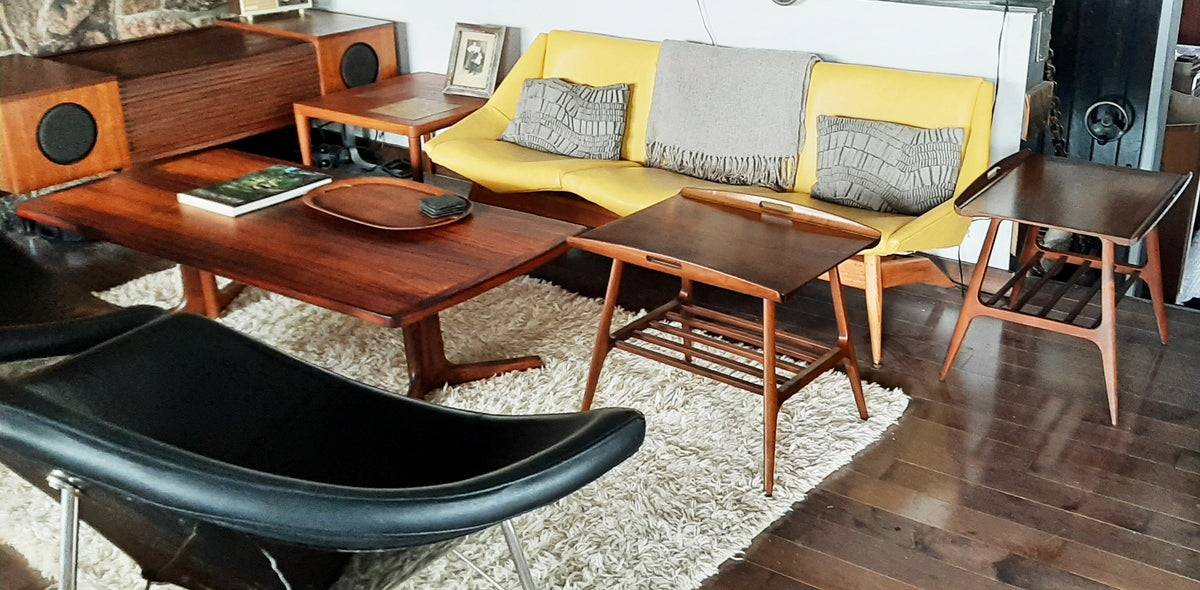 2 REFINISHED Mid Century Modern Walnut tray- style end tables, Perfect