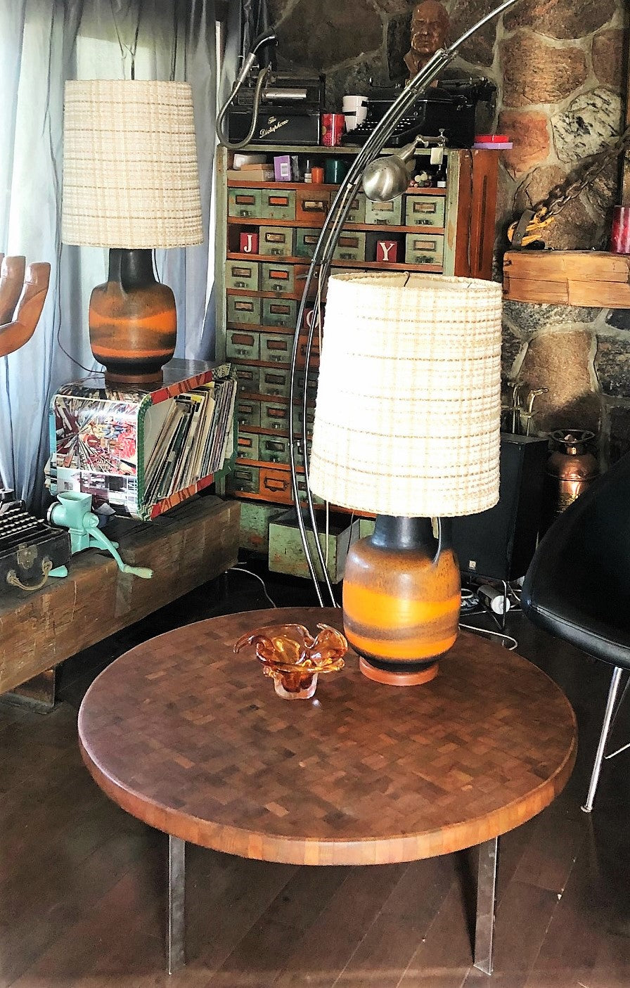 Set of 2 Large Mid Century Modern Orange Pottery Lamps, H 34