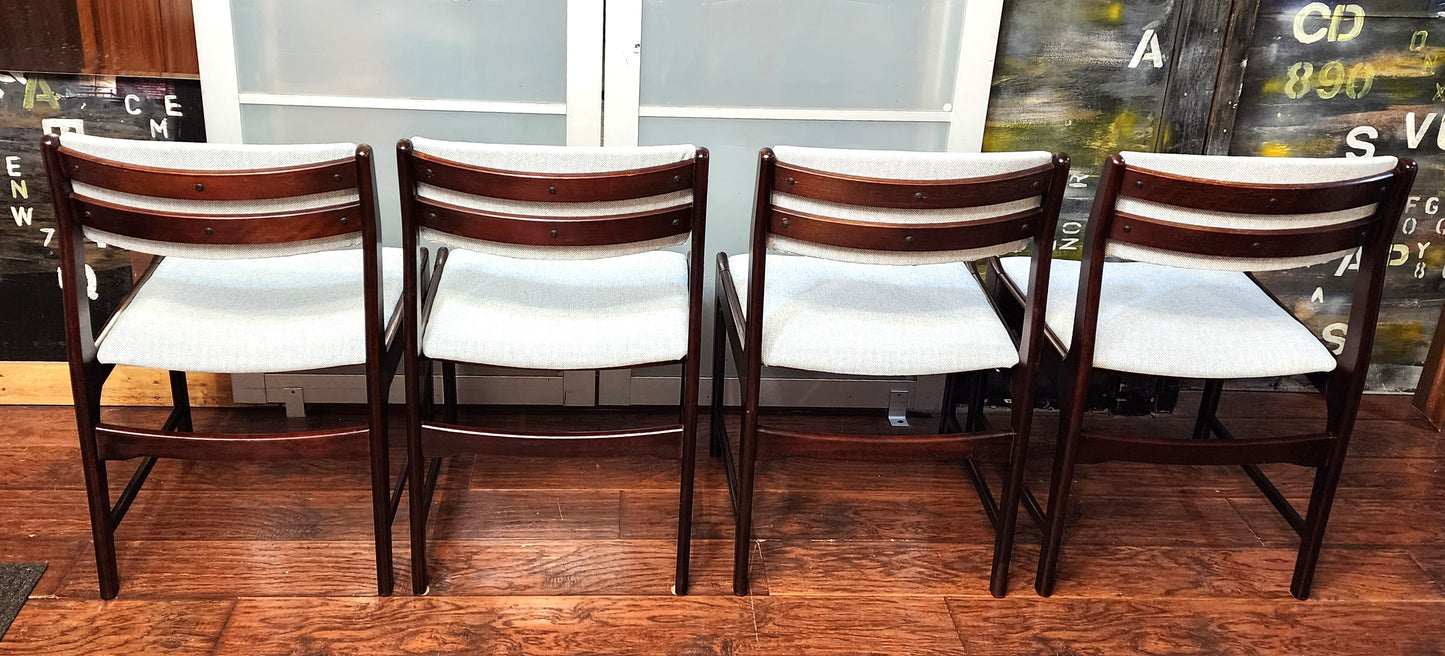 4 REUPHOLSTERED Mid Century Modern Dining Chairs in Maharam l.grey fabric, very comfortable
