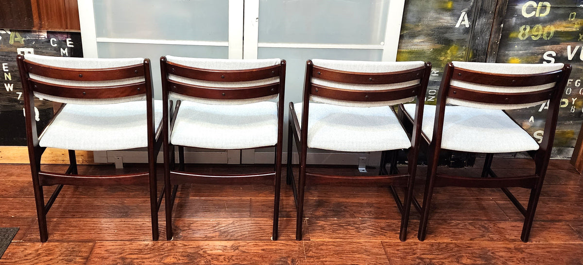 4 REUPHOLSTERED Mid Century Modern Dining Chairs in Maharam l.grey fabric, very comfortable