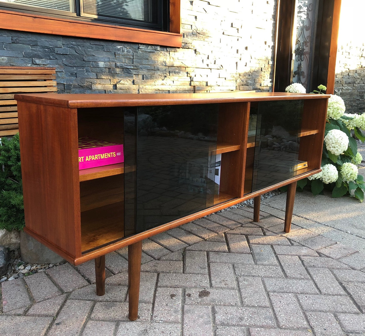 REFINISHED Danish MCM  Teak Display China Console 62.5"w tinted glass doors - Mid Century Modern Toronto