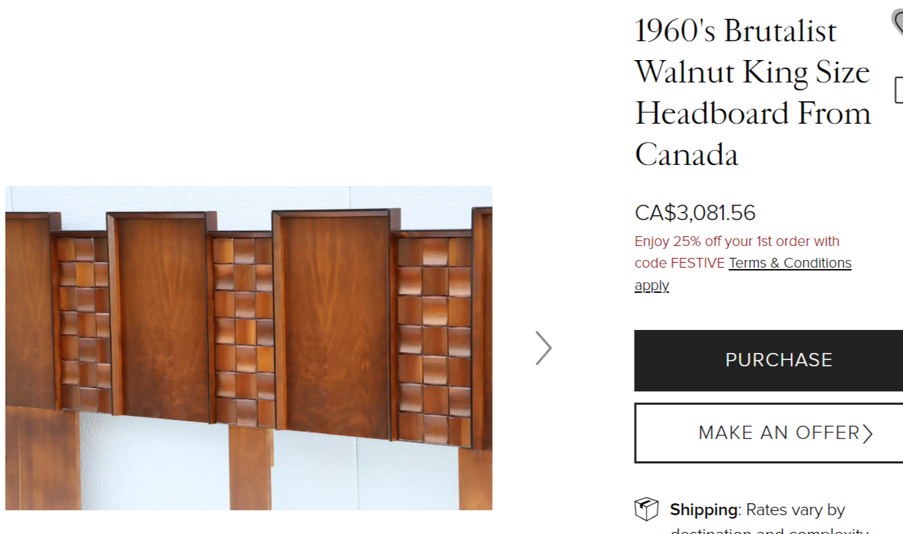 REFINISHED Mid Century Modern Walnut Brutalist Headboard for Queen bed (optional frame)