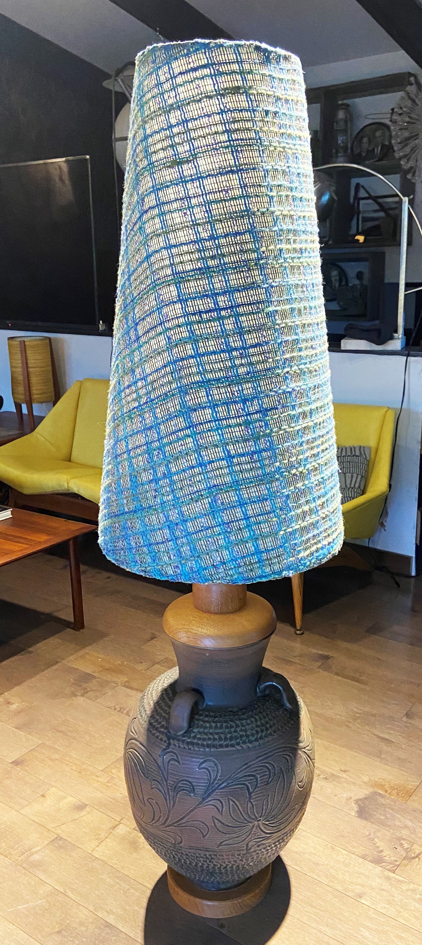 Large Mid Century Modern Floor Pottery Lamp, H 60" (including shade)
