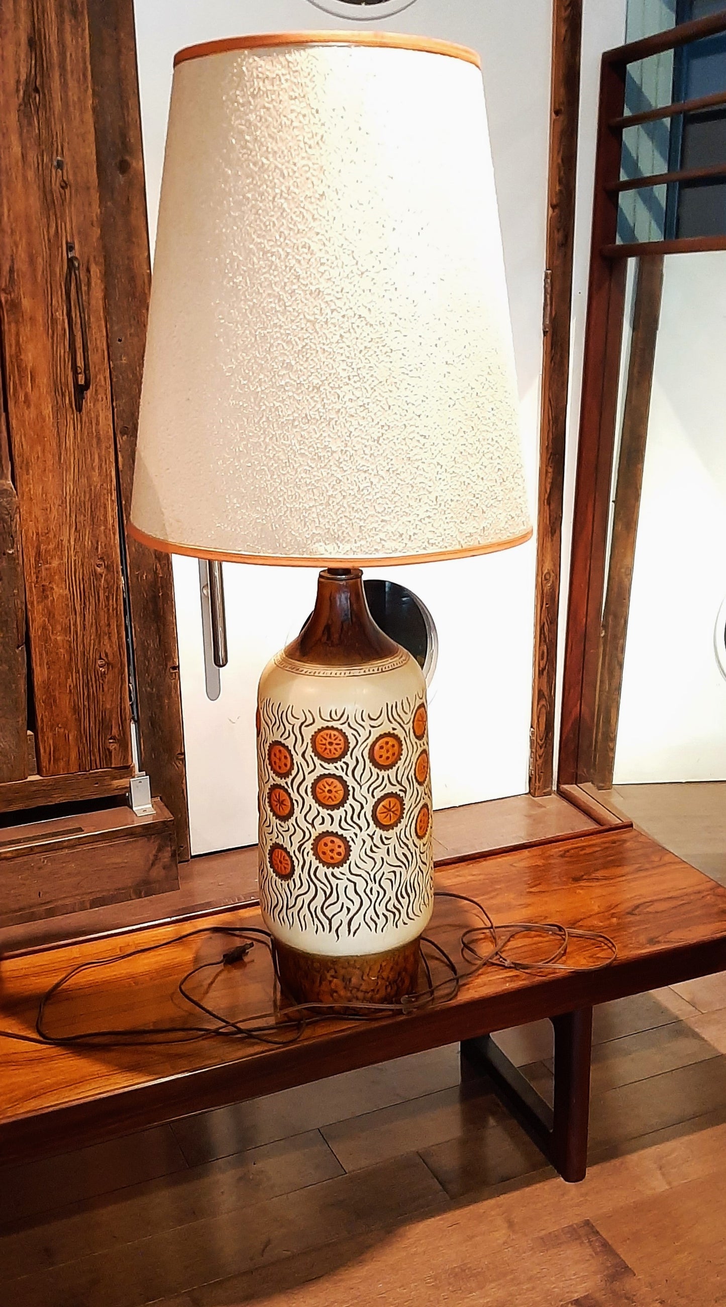 Large Mid Century Modern Orange Pottery Lamp, H 42" (including shade)