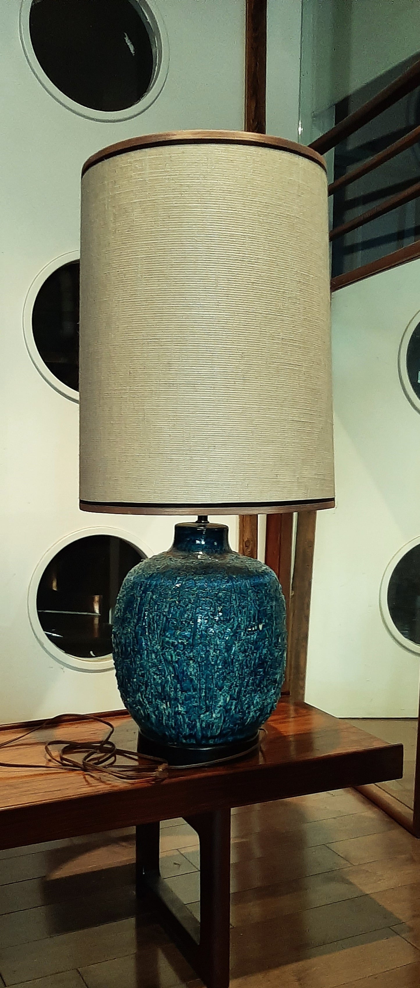Large Mid Century Modern Turqoise Glazed Pottery Lamp, H 34" (including shade)