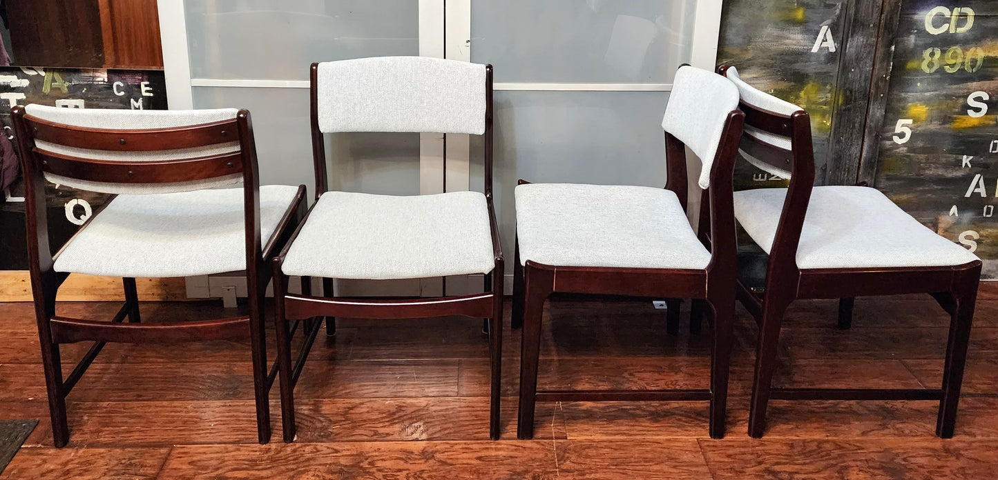 4 REUPHOLSTERED Mid Century Modern Dining Chairs in Maharam l.grey fabric, very comfortable