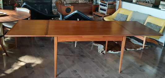 REFINISHED MCM Teak Draw Leaf Table with 2 Extension Leaves, PERFECT 54-95" - Mid Century Modern Toronto