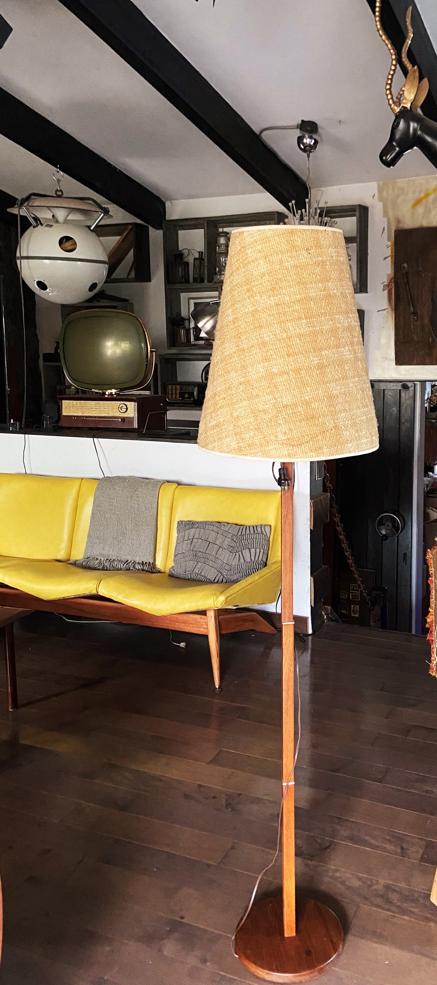 Mid Century Modern Teak Floor Lamp, H 63" (including shade)