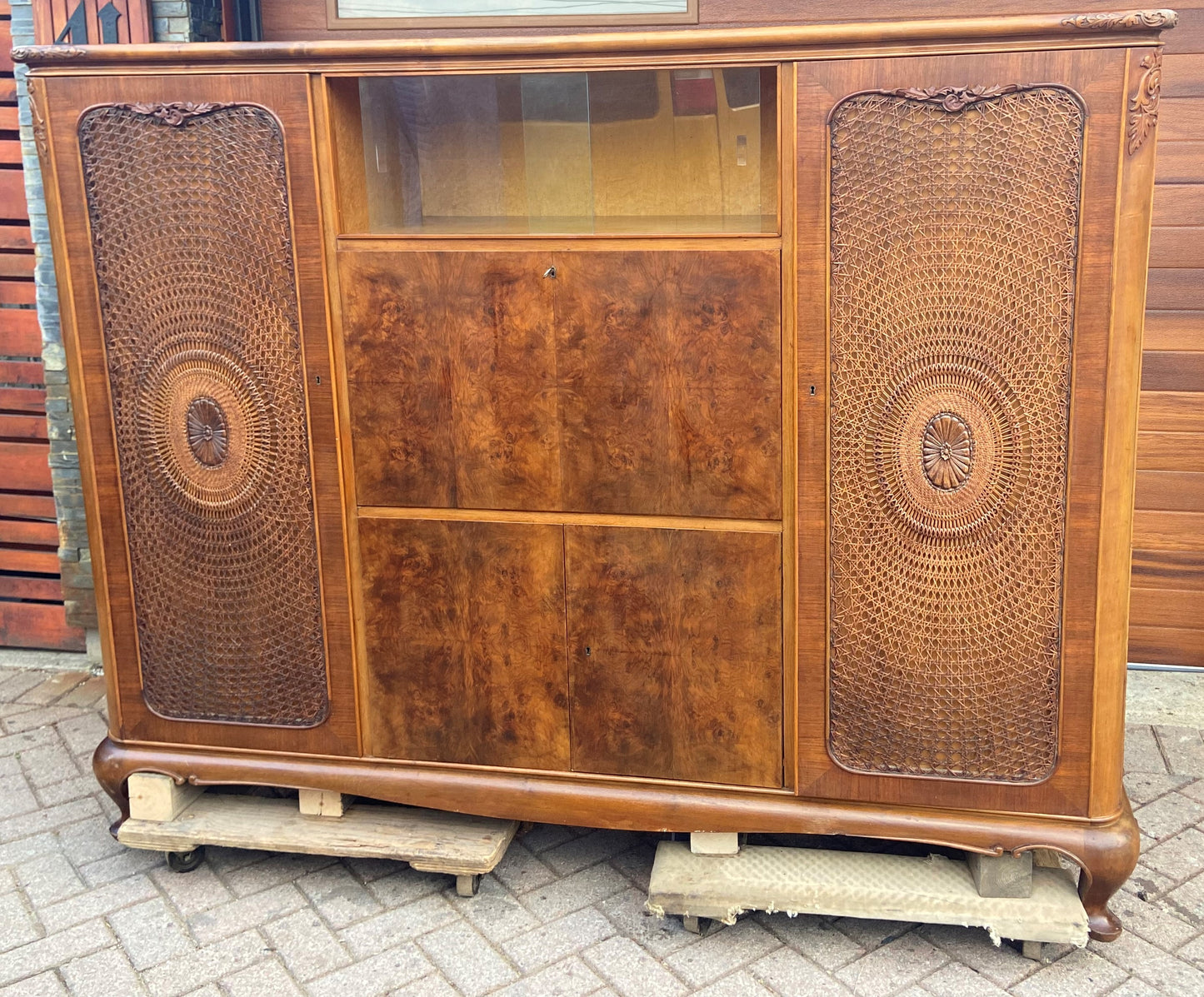 RESTORED Stunning Burr Walnut Armoire Wardrobe Secretary Desk